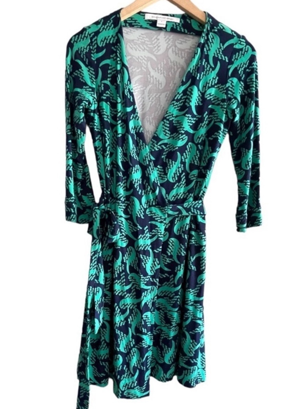 Diane Von Furstenberg New Julian Two Mini Blue Green Wrap Dress V Neck Size 2